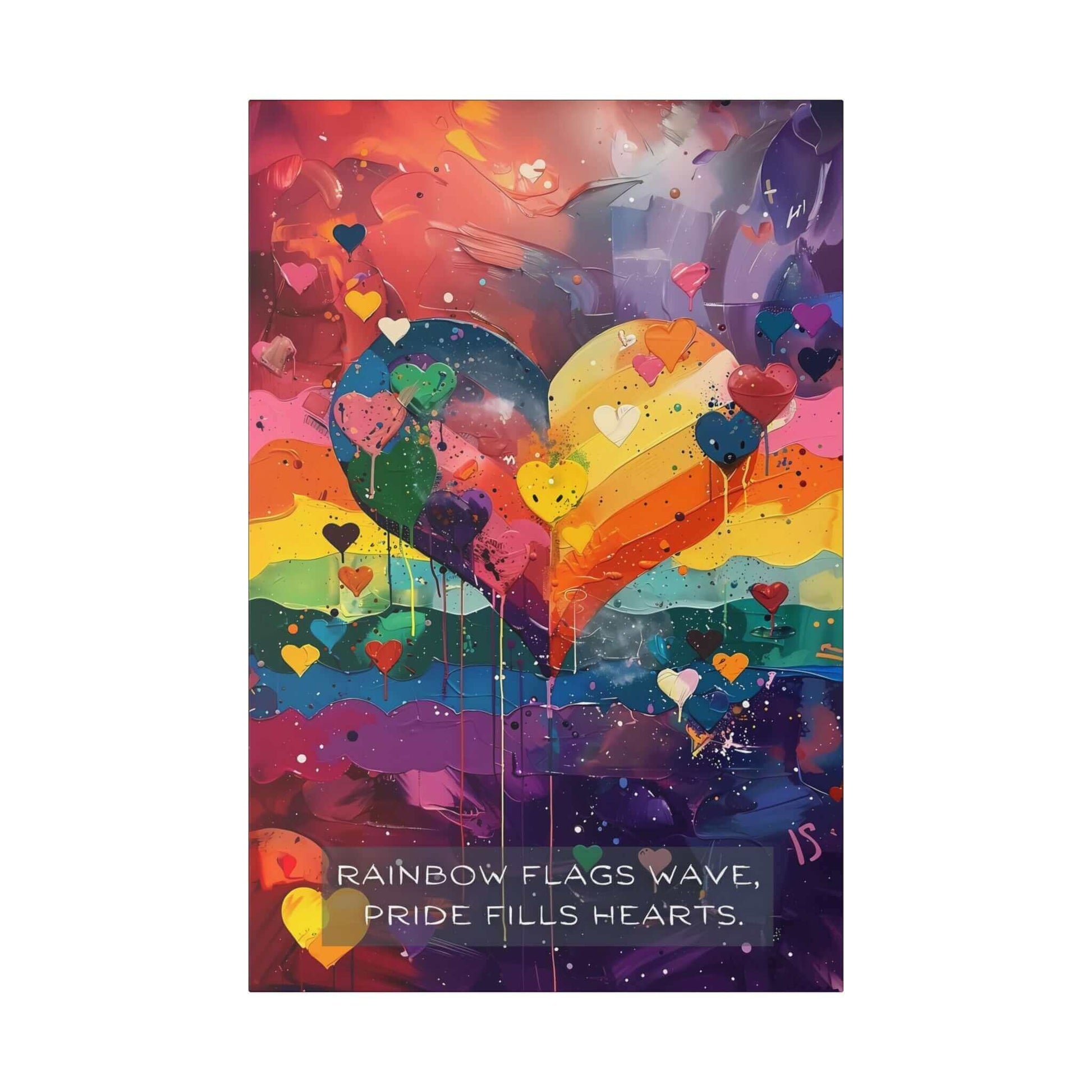 Introducing Printify's Hearts of Pride: Colorful Gay Pride Canvas Wall Art (PR-6W-009c), inspired by a joyful 6-word story. This vibrant artwork features a large heart with rainbow colors surrounded by numerous smaller hearts. The background is an abstract blend of lively hues, and the text at the bottom reads, "RAINBOW FLAGS WAVE, PRIDE FILLS HEARTS," encapsulating the love and unity of the LGBTQ+ community.