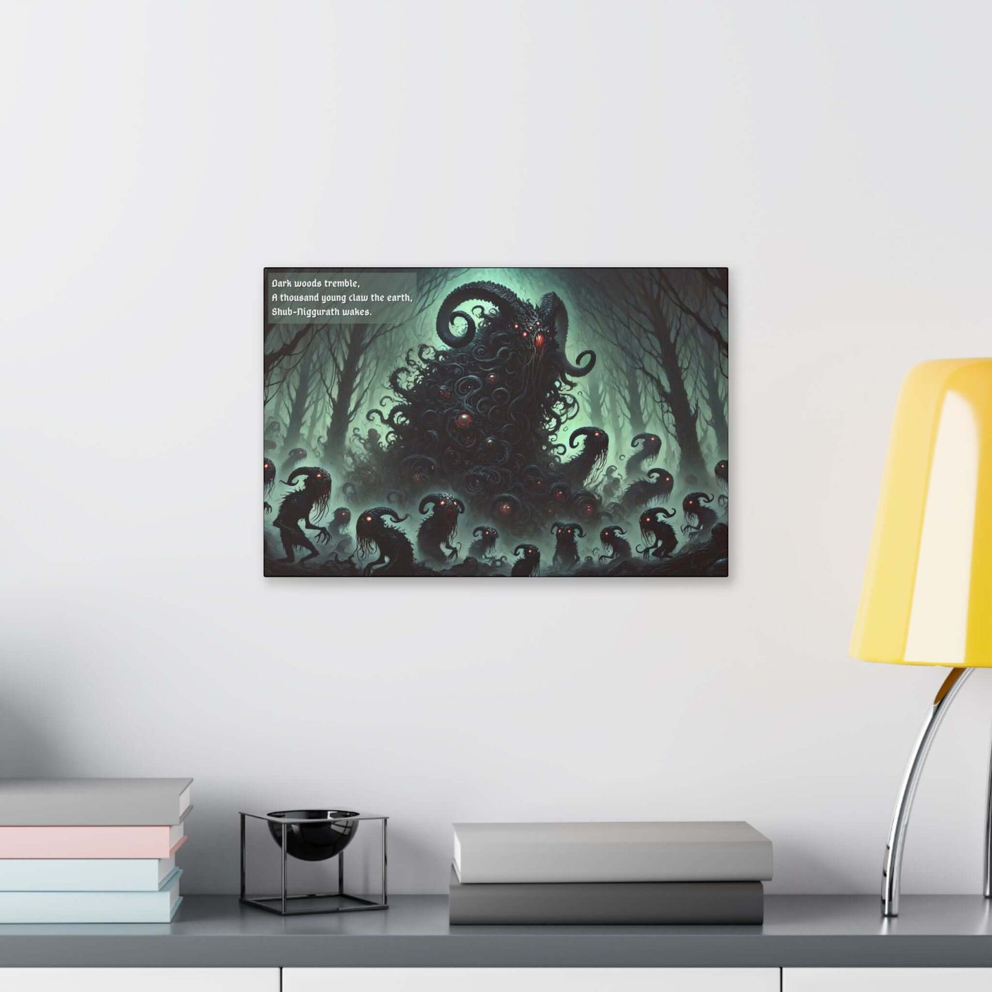 Dark Lovecraft horror canvas wall art depicting Shub-Niggurath in haunted woods with tendrils and clawing creatures under green sky.