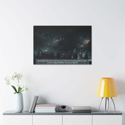 "Nyarlathotep Deceives" Lovecraftian horror canvas wall art featuring the Crawling Chaos in cosmic landscape above modern white shelf.