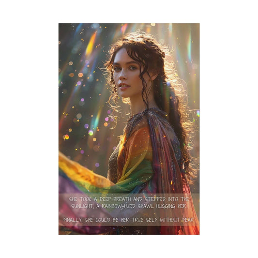 A woman with curly hair gazes forward, draped in a vibrant, rainbow-hued shawl. She stands amidst ethereal light and magical, multicolored sparkles. The True Colors: Radiant Gay Pride Poster Wall Art by Printify reads: "She took a deep breath and stepped into the sunlight, her self-expression shining through. Finally, she could be her true self without fear.