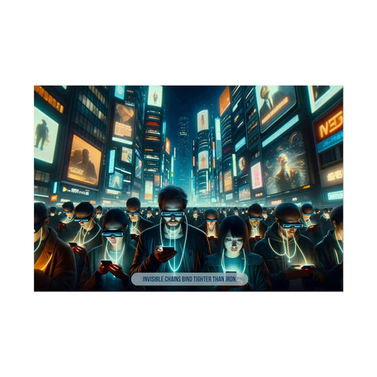 The "Virtually Bound: Modern Tethers Poster Wall Art" by Printify, inspired by an ominous 6-word story, depicts a crowd in a neon-lit urban environment, all engrossed in their smartphones with blank expressions. The text at the bottom reads, "INVISIBLE CHAINS BIND TIGHTER THAN IRON." Billboards and digital screens adorn the buildings, emphasizing the digital realm. (6W-013p)