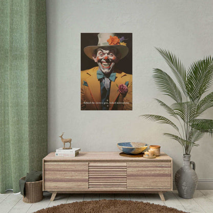 A menacing clown in a yellow suit with a red flower and blue bow tie grins widely, revealing sharp teeth. He wears a white hat adorned with orange flowers. "The Sinister Grin: Vibrant Clown Poster Wall Decor with Chilling 6-Word Story" by Printify captures the essence of lurking malevolence.