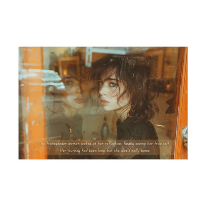 A transgender woman gazes at her reflection through a rain-speckled window. Text overlay reads: "The transgender woman gazed at her reflection, finally seeing her true self. Her journey of self-discovery had been long, but she was finally home." This poignant moment is captured perfectly in Printify's "True Reflection" Gay Pride Poster Wall Art (PR-2S-001p), inspired by a reflective two-sentence story.