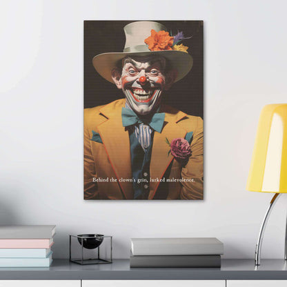 Printify's "The Sinister Grin: Vibrant Clown Canvas Wall Decor with Chilling 6-Word Story" features a sinister-looking clown dressed in a yellow suit, white and blue bow tie, and a white hat adorned with colorful flowers. The clown sports an exaggerated grin with sharp teeth, complemented by the text that reads, "Behind the clown's grin lurked hidden evil.