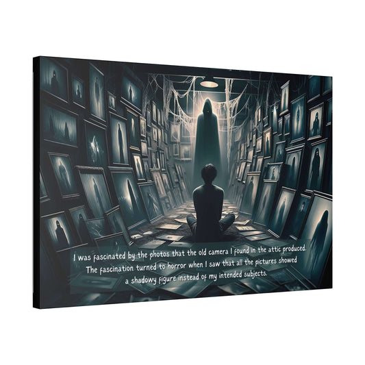 Gothic horror canvas wall art featuring an attic with eerie photographs and shadowy figures, inspired by a haunting 2-sentence tale.