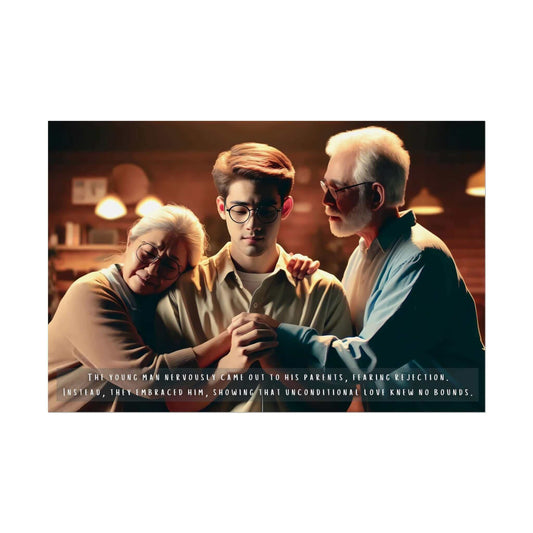 A young man stands between an elderly man and woman who lovingly embrace him. The elderly woman rests her head on his shoulder, while the elderly man holds his hand. Text below the trio reads: "The young man nervously came out to his parents, fearing rejection but finding unconditional love and family support instead." This touching moment is captured in Printify's "Unconditional Love: Heartwarming Gay Pride Poster Wall Art," inspired by a moving 2-sentence story (Product Code: PR-2S-006p).