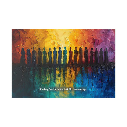 A vivid canvas from Printify, titled "Roots of Pride: Inspiring Gay Pride Canvas Wall Art," depicts a diverse group of silhouetted figures standing in a row. The background transitions seamlessly from warm oranges and yellows to cool blues, reflecting the figures below. Text reads: "Finding unity and pride in the LGBTQ+ community.