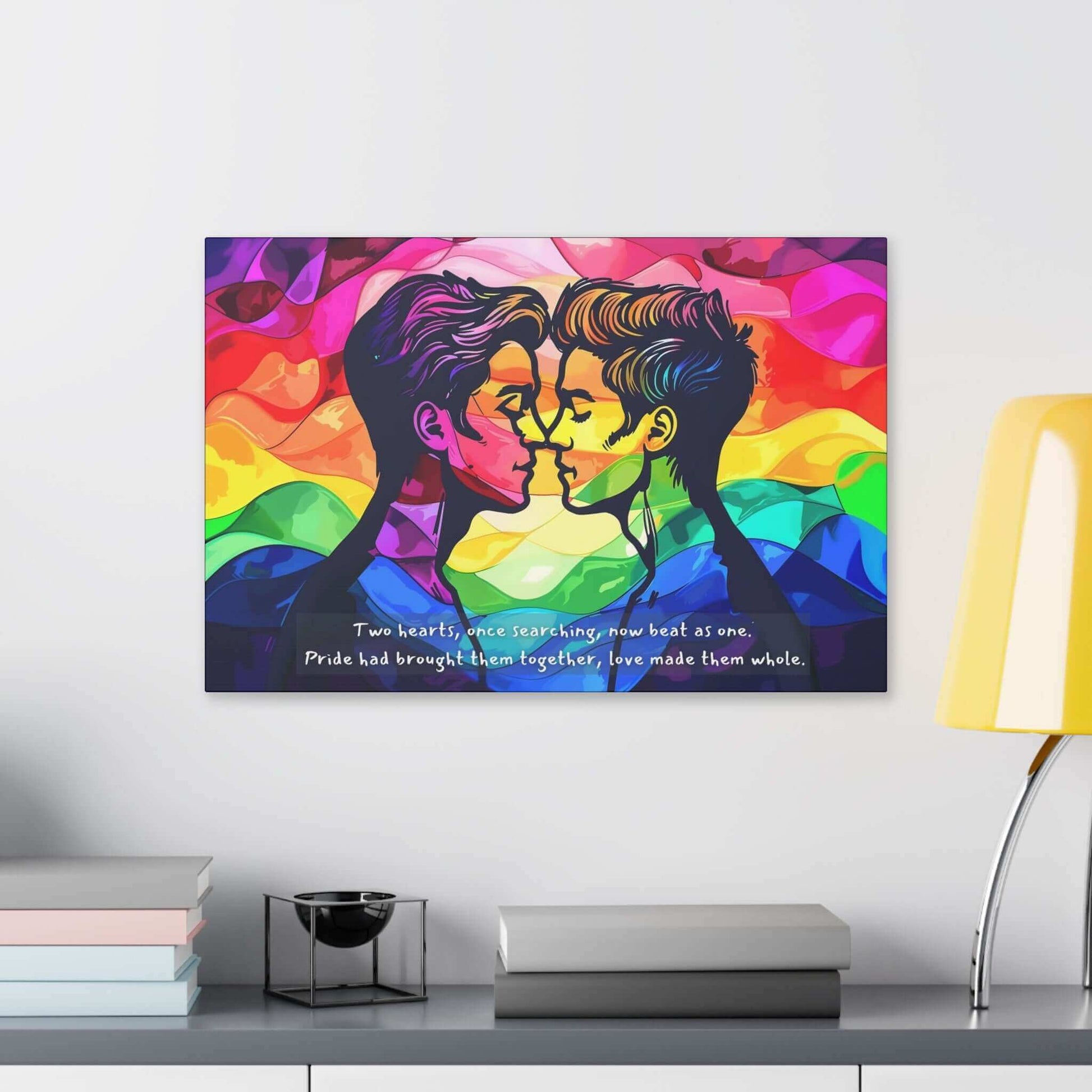 The Together as One: Vibrant Gay Pride Canvas Wall Art by Printify showcases an artistic image of two individuals facing each other with noses touching and eyes closed, set against a vibrant rainbow-colored background. Text at the bottom reads, “Two hearts, once searching, now beat as one. Pride had brought them together, love made them whole.” This heartfelt piece celebrates LGBTQ+ pride through love and unity.