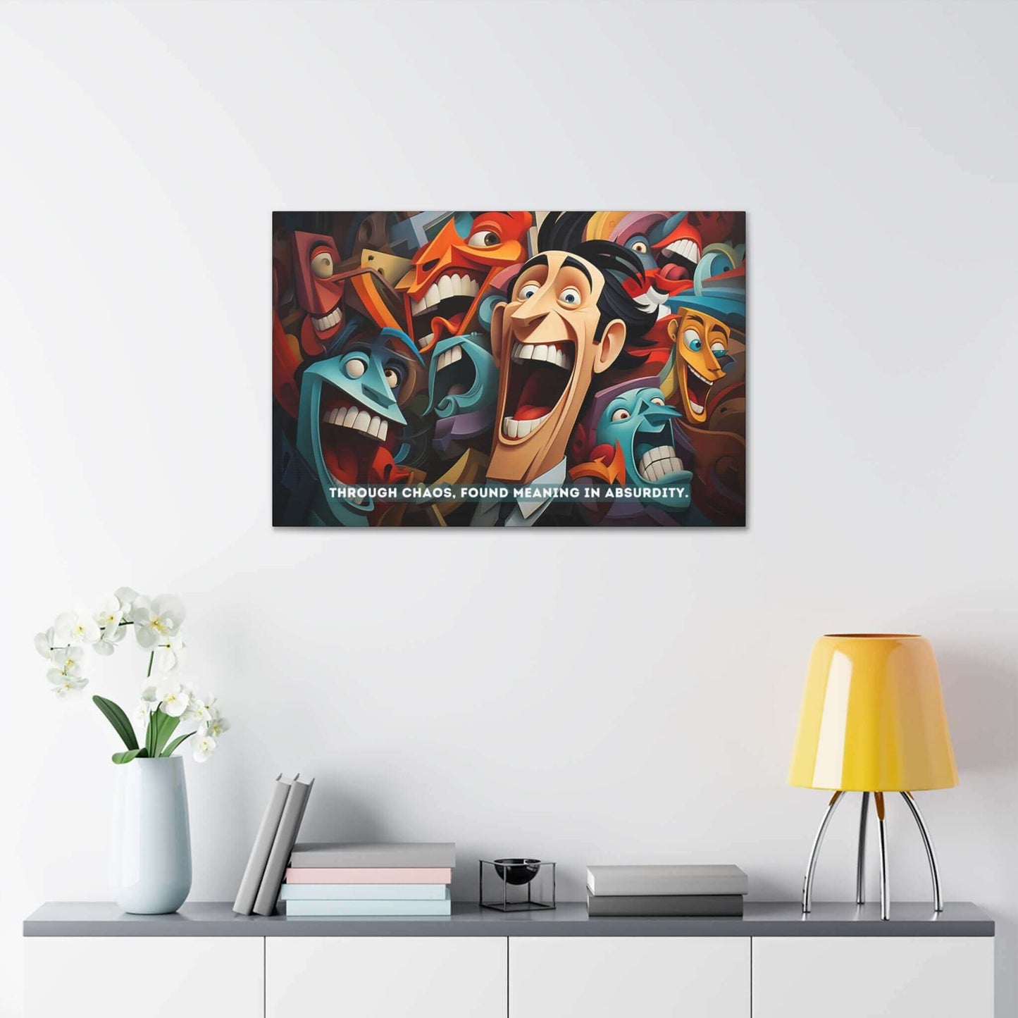 The Printify canvas wall art titled "Joyful Absurdity: Neocubist Emotive Cartoon Portraits" features a colorful, surreal depiction of animated, expressive faces with exaggerated expressions and vibrant hues. Drawing inspiration from neocubism, the piece uses these vivid colors to convey depth. Beneath the faces, text reads, "Through chaos, found meaning in absurdity.