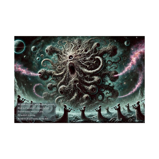 Mesmerizing Azathoth-inspired wall art depicting cosmic chaos with swirling forms and dark hues, demonic flutes and intricate patterns.