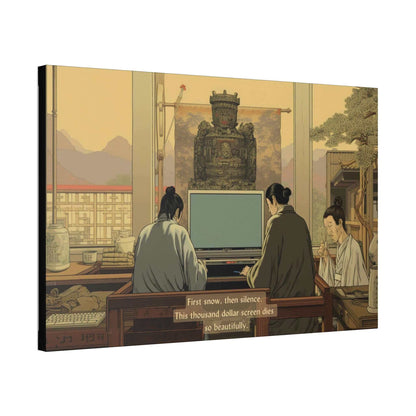 Zen Tech Snowfails: Traditional Chinese Landscape Canvas Wall Art with Tech Anachronism Haiku