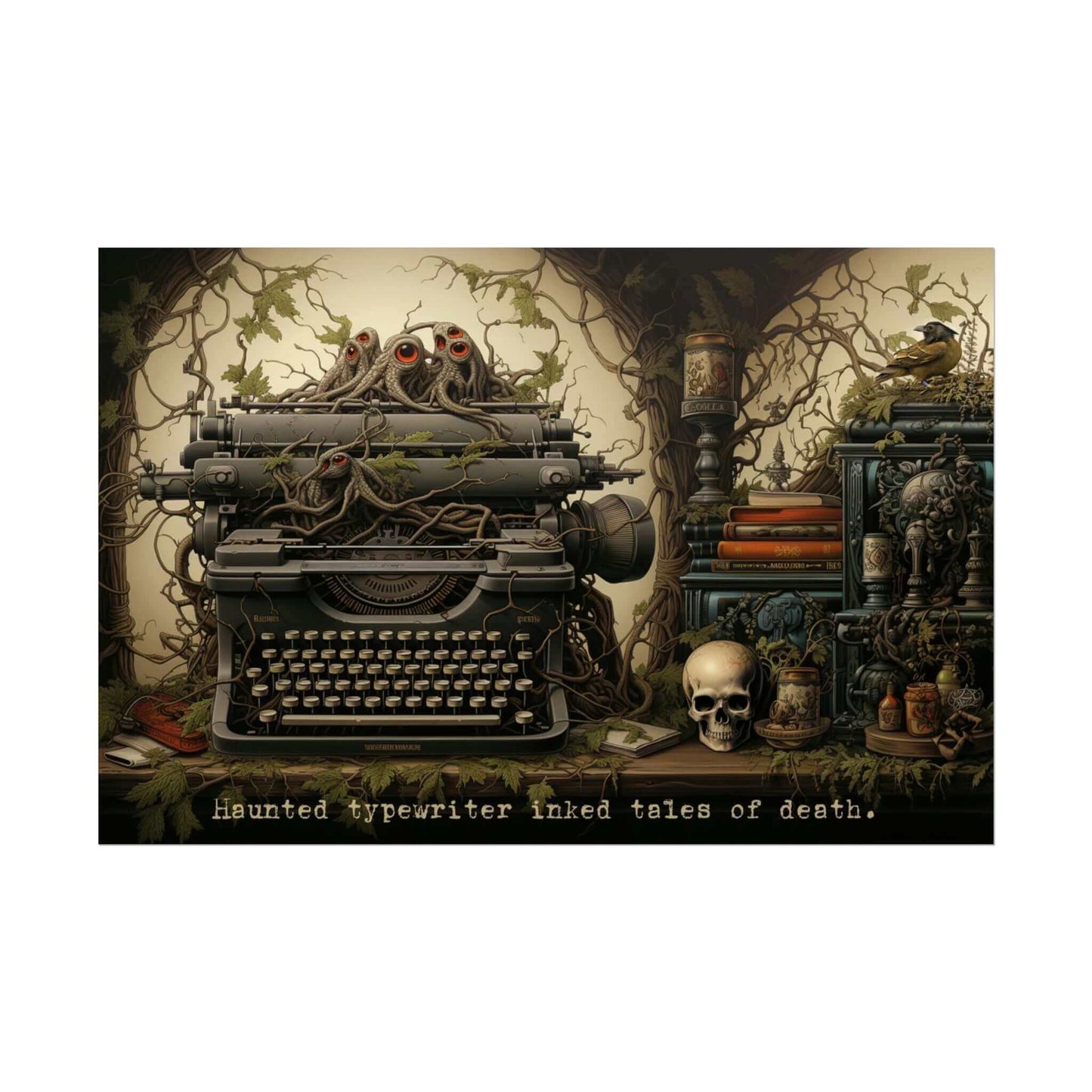 An eerie typewriter entangled in vines sits among a collection of mystical objects, including a skull, an hourglass, and old books. The atmosphere is dark and mysterious. Text beneath the image reads, "Gothic art: Haunted typewriter inked Tales of Death." Presenting the "Tales of Death: Meticulously Detailed Gothic Typewriter Poster Wall Art with 6-Word Story Art" by Printify.