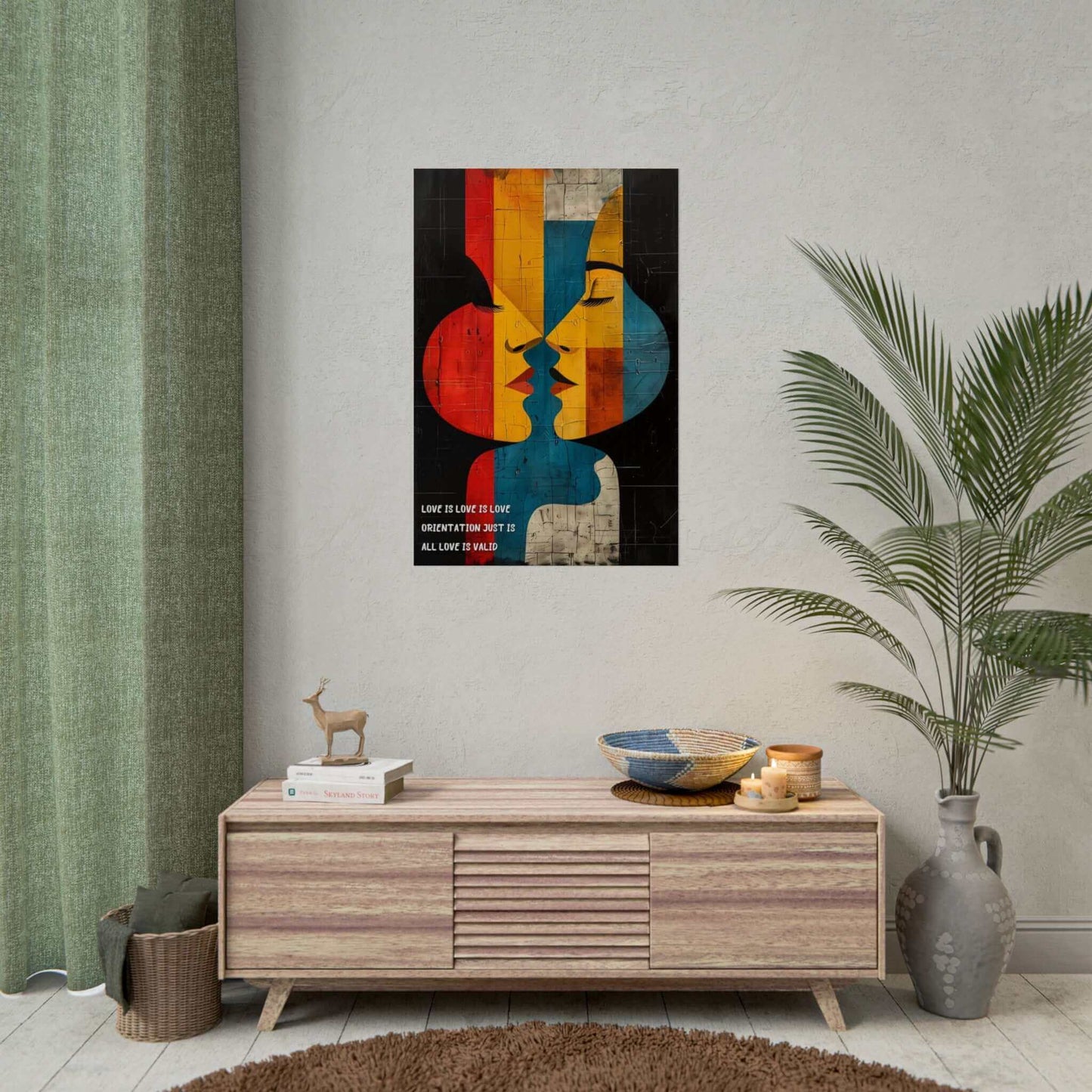 Abstract Pride Poster Wall Art with two faces in vibrant geometric shapes on living room wall, celebrating diversity and love