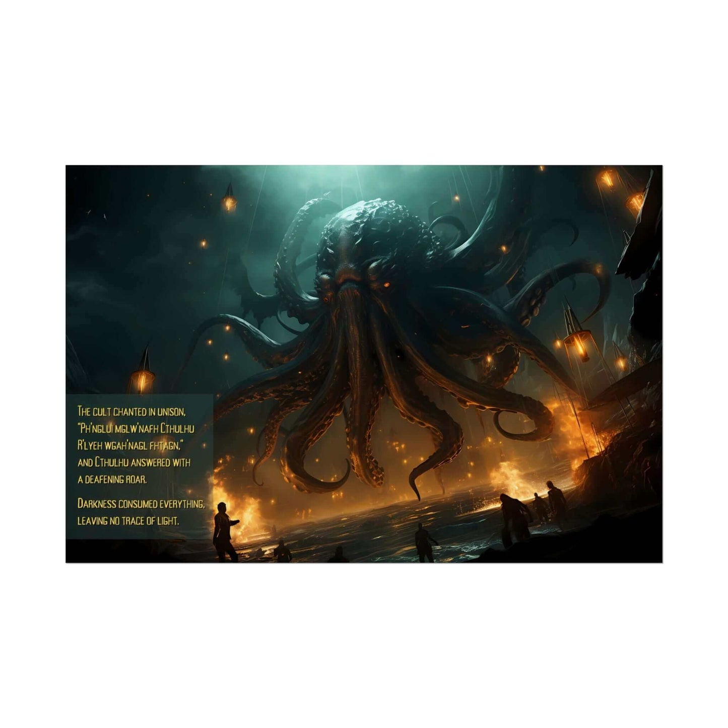 A colossal, menacing octopus-like creature with glowing eyes emerges from turbulent waters under a stormy night sky in this dark fantasy. Small figures on a dock are dwarfed by its size. Illuminated ships and raging fires create an apocalyptic scene, with ominous text on the left, evoking Cthulhu's Awakening. This is captured perfectly in the Mesmerizing Cthulhu Poster Wall Art by Printify, inspired by Lovecraftian 2-Sentence Story.