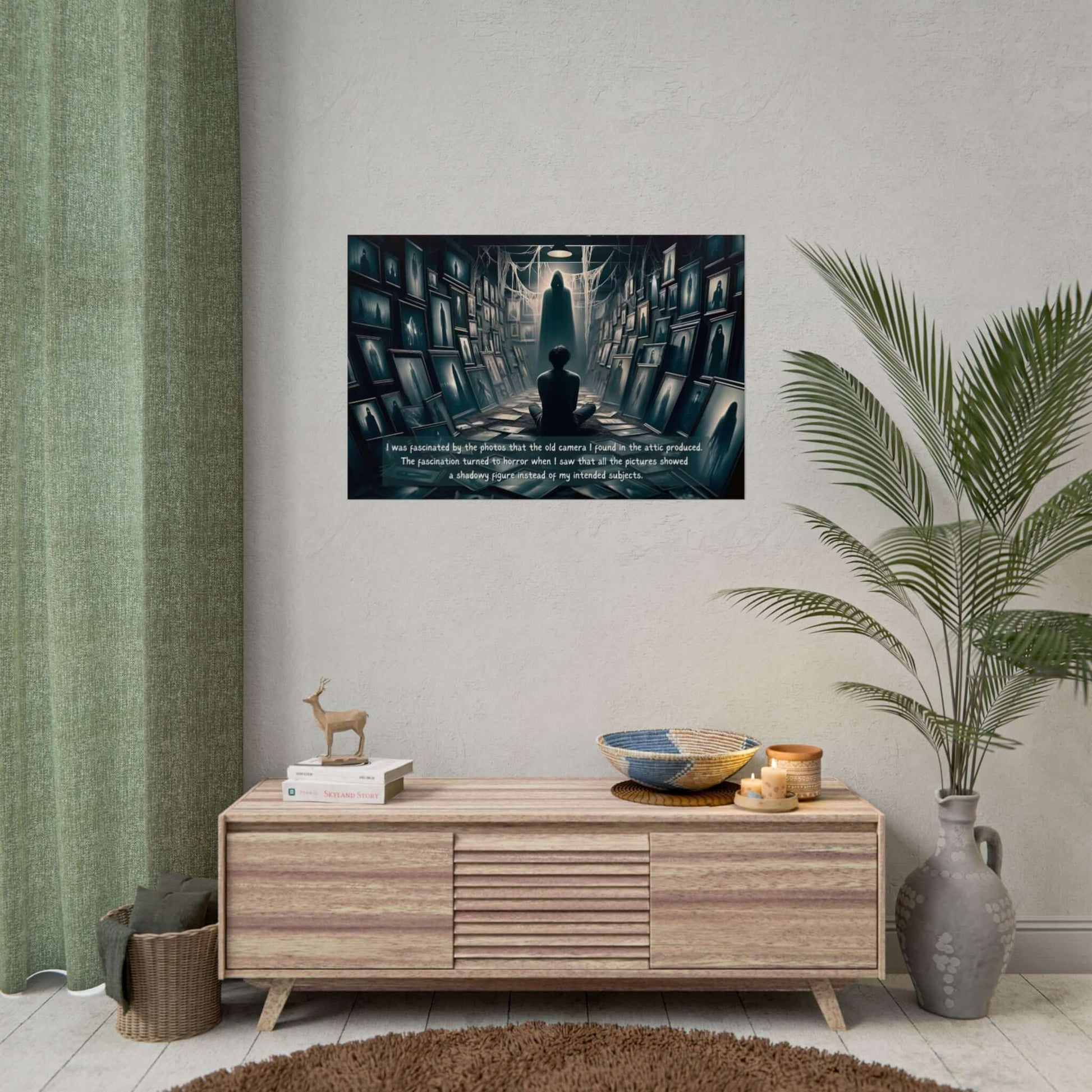 Gothic horror poster wall art depicting a dimly lit room filled with eerie framed photographs and shadowy figures emerging from the walls.