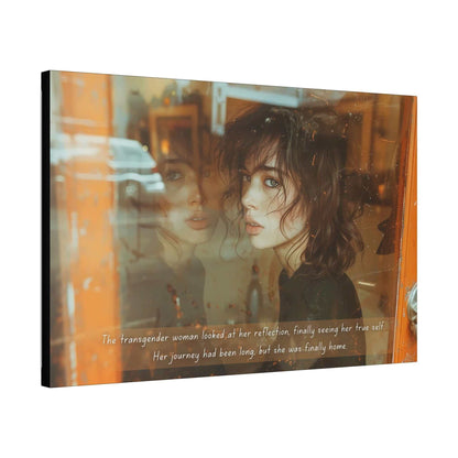 A young woman with wavy hair gazes into a window, where her reflection appears. Warm indoor lighting and subtle raindrops on the glass create a serene atmosphere. Text overlay reads: "The transgender woman looked at her reflection, finally seeing her true self. Her journey of self-discovery had been long, but she was finally home." This scene is beautifully captured in Printify's True Reflection: Poignant Gay Pride Canvas Wall Art, Inspired by Reflective 2-Sentence Story (PR-2S-001c).