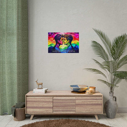 A vibrant, abstract illustration of two individuals gazing into each other's eyes with their faces close, set against a background of colorful waves in red, orange, yellow, green, blue, and purple. The text at the bottom says: "Two hearts, once searching in the LGBTQ+ community," now beat as one on high-quality photo paper. This exquisite piece is part of Printify's "Together as One: Vibrant Gay Pride Poster Wall Art" collection (PR-2S-004).