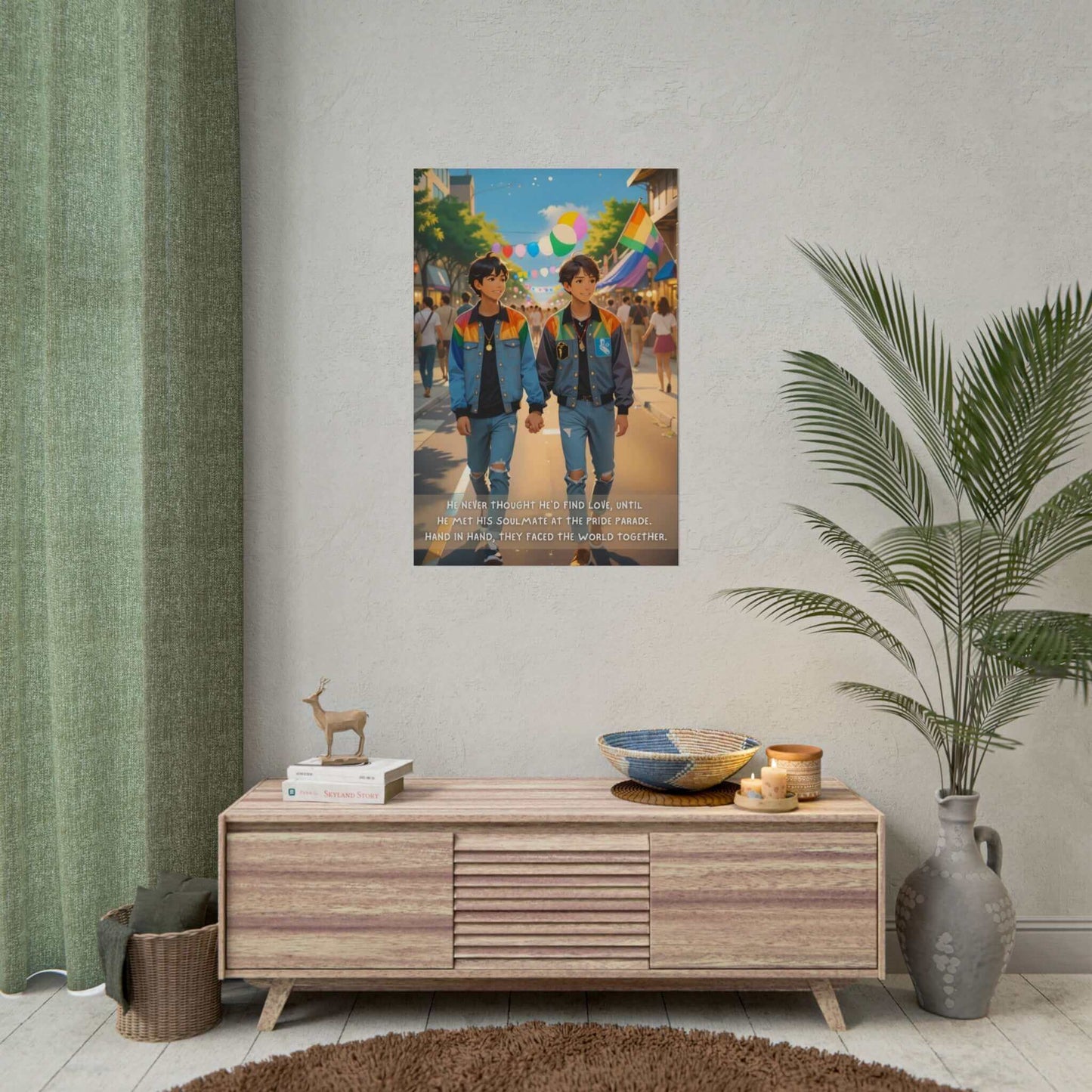 An image featuring two young men holding hands, walking outdoors during a Pride parade. They are wearing jeans and vibrant, multicolored jackets, smiling warmly at each other. The street is adorned with colorful decorations and flags, celebrating the LGBTQ+ community. Text at the bottom narrates their love story. This artwork is titled "Soulmate Found: Joyful Gay Pride Poster Wall Art, Inspired by Heartwarming 2-Sentence Story | PR-2S-003p," produced by Printify.