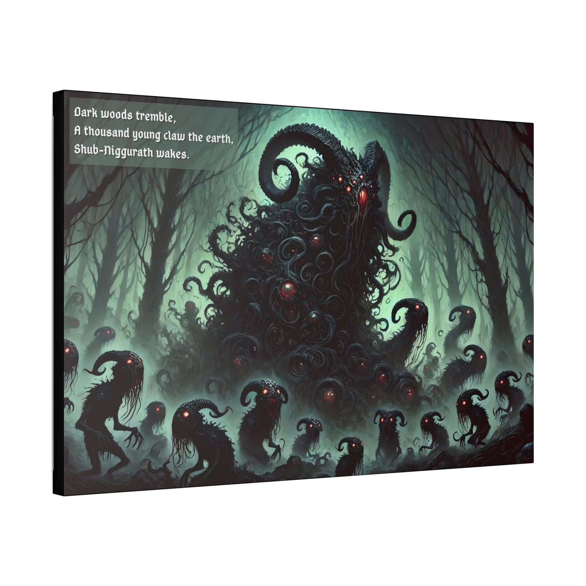 Dark Lovecraft horror canvas wall art depicting Shub-Niggurath, tendril-covered, rising in eerie, twisted woods under a pale green sky