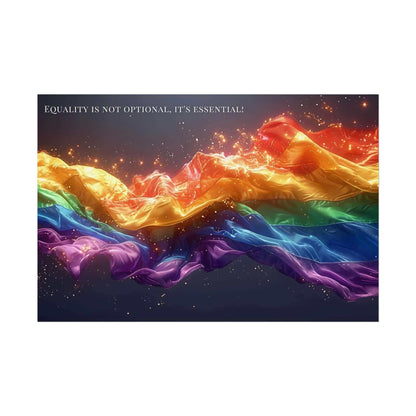 The Essential Equality: Radiant Gay Pride Poster Wall Art by Printify showcases a vibrant, flowing rainbow-colored flag with bright, sparkling accents. The words "Equality is not optional, it's essential!" appear in the top left corner of the image, emphasizing pride and inclusivity within the LGBTQ+ community, inspired by a powerful 6-word story.