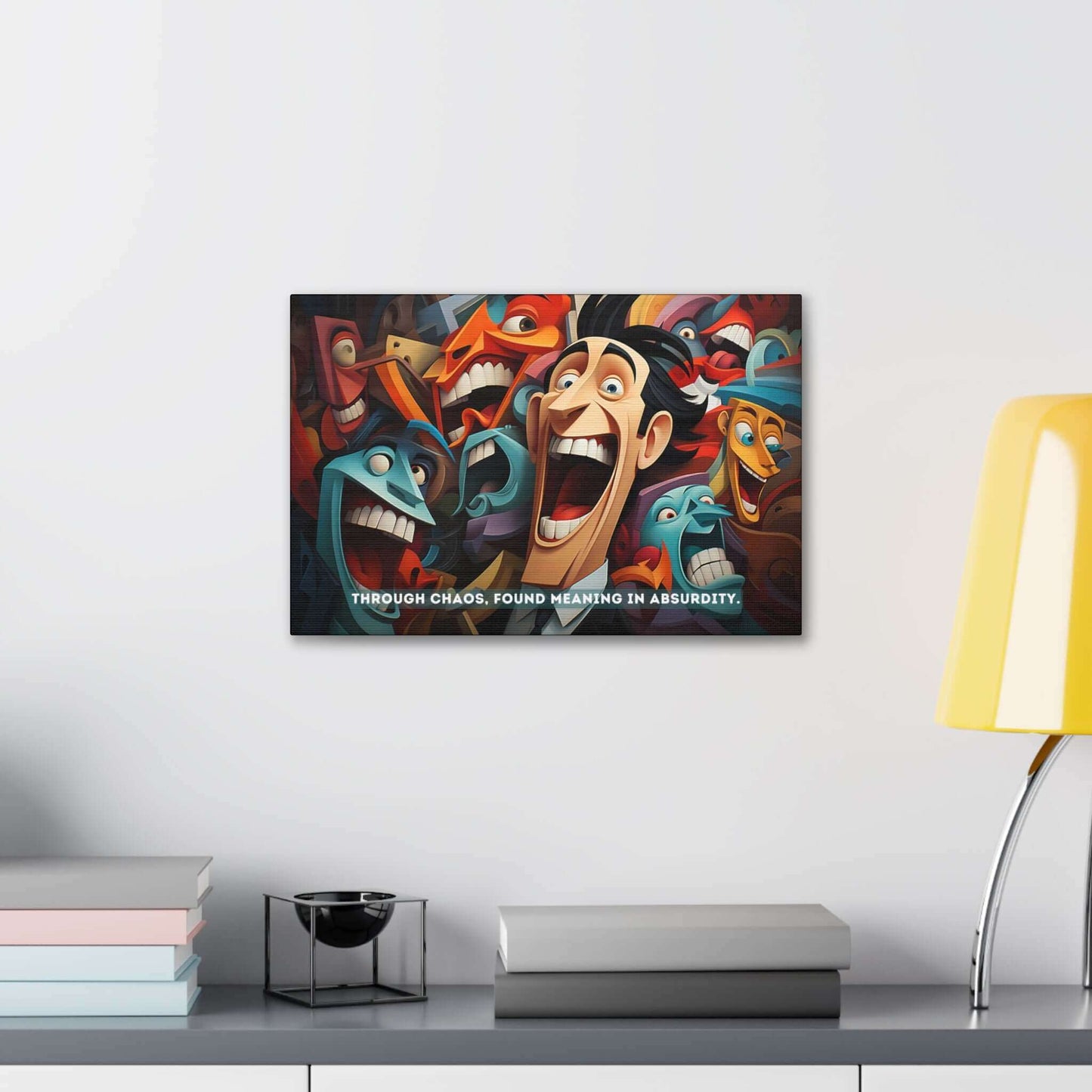 The Printify canvas wall art titled "Joyful Absurdity: Neocubist Emotive Cartoon Portraits" features a colorful, surreal depiction of animated, expressive faces with exaggerated expressions and vibrant hues. Drawing inspiration from neocubism, the piece uses these vivid colors to convey depth. Beneath the faces, text reads, "Through chaos, found meaning in absurdity.