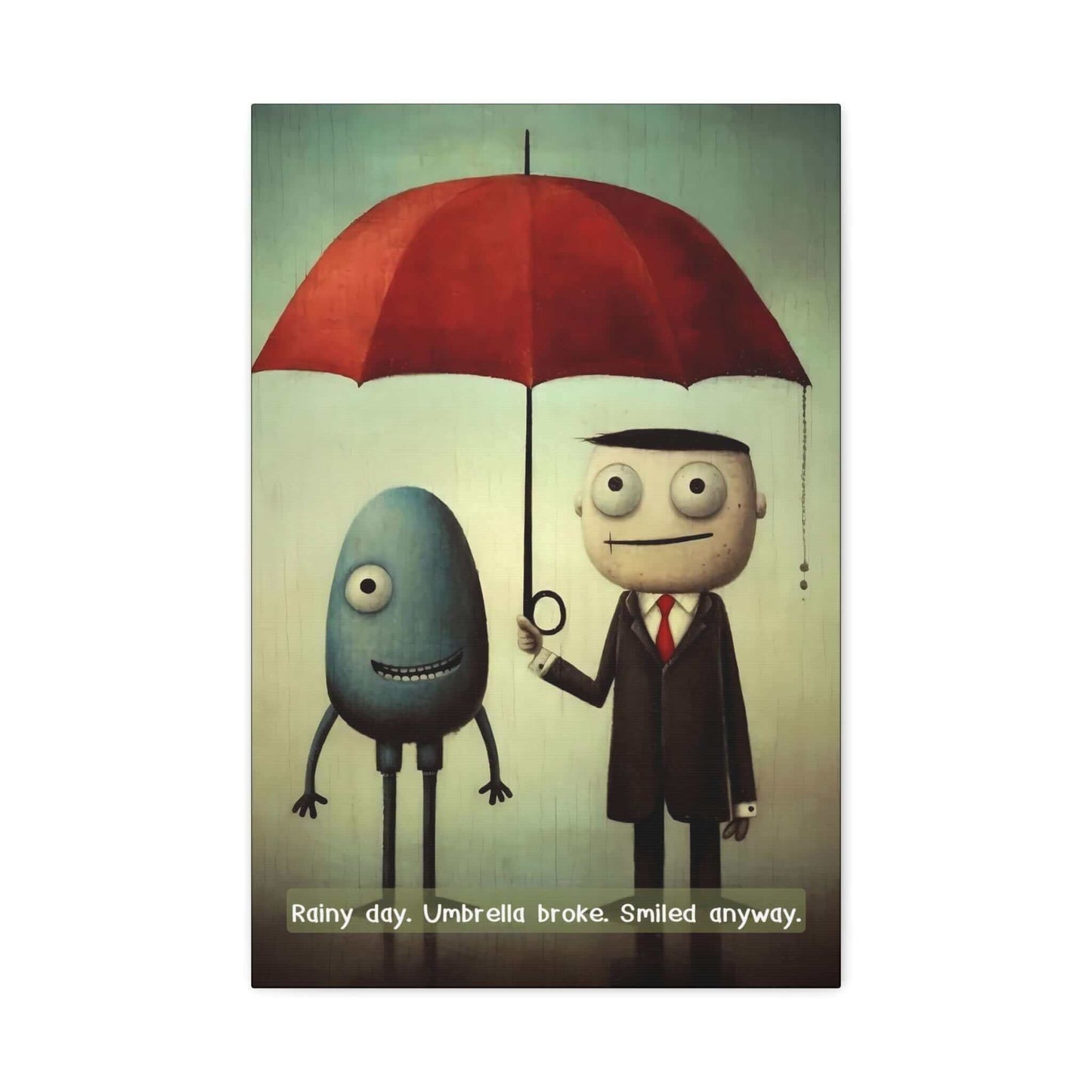 A whimsical canvas wall art by Printify titled "Smiling Through the Rain: Whimsical Canvas Wall Art with Positive 6-Word Story," featuring two cartoon characters standing under a red umbrella. An egg-shaped blue figure with one leg smiles beside a man in a suit and tie holding the umbrella. The text reads, "Smiling Through the Rain. Umbrella broke. Smiled anyway.