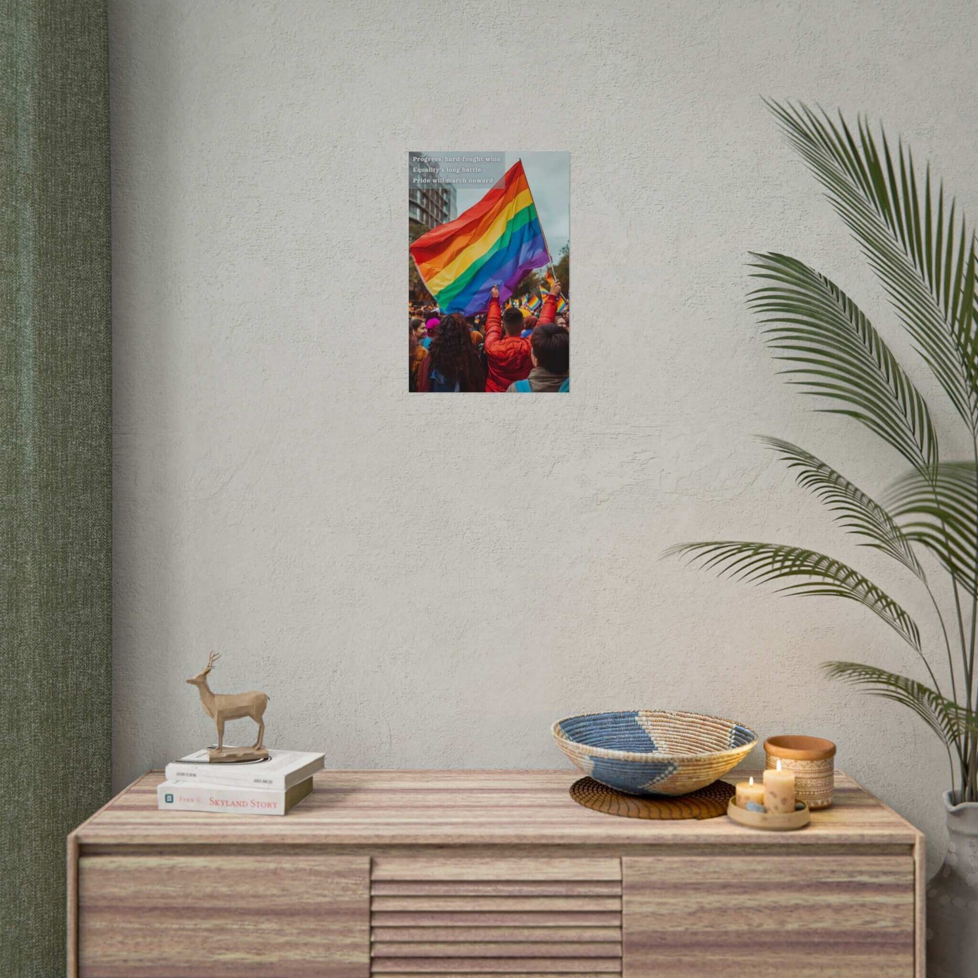 "March Onward: Celebrating Equality poster wall art featuring a colorful Pride parade with individuals waving a rainbow flag, symbolizing resilience and progress"