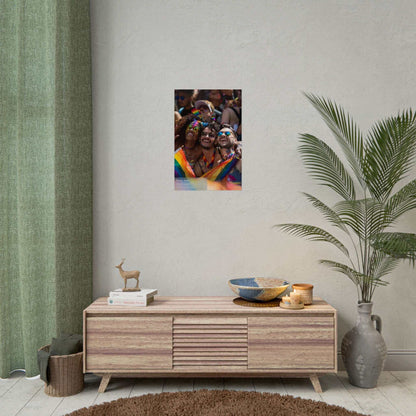 "United by Pride: Celebrating Chosen Family Poster Wall Art showcasing joyful friends with rainbow accessories in a modern living room"