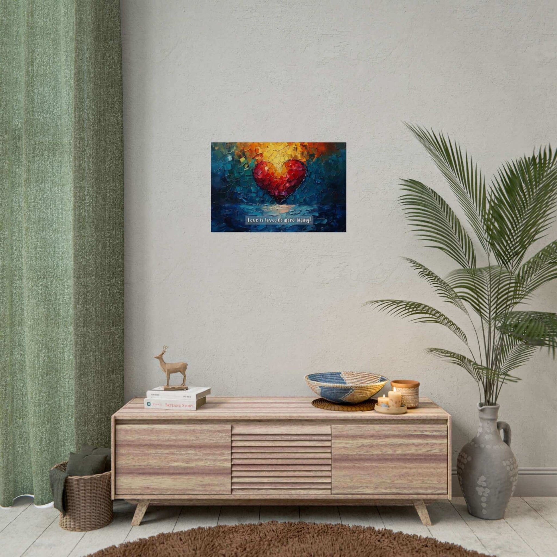 A captivating painting of a heart made from red mosaic tiles with a radiant yellow halo, set against dynamic blue and green brushstrokes. Beneath it, the "Love is Love: Radiant Gay Pride Poster Wall Art" by Printify boldly proclaims in white letters, "Love is love, No more hiding!"—a celebration of the LGBTQ+ community inspired by a heartwarming 6-word story (Product Code: PR-6W-002p).