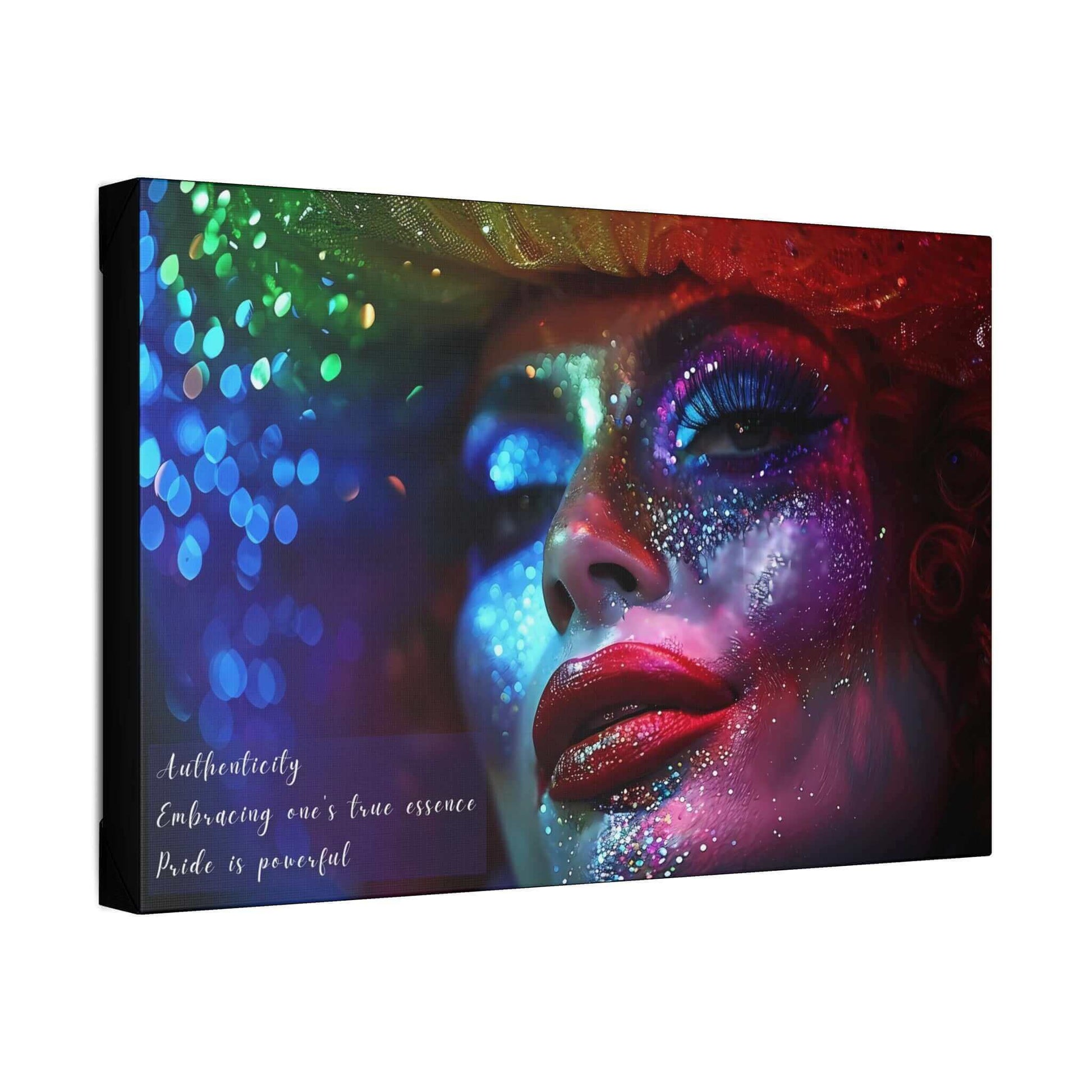 Vibrant Pride Celebration canvas featuring a drag queen with bold makeup and glitter, inspired by empowering haiku on authenticity