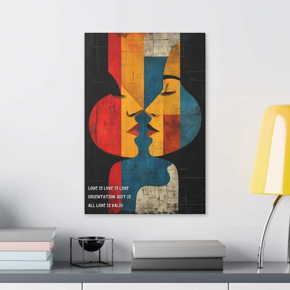 Abstract Pride Canvas Wall Art featuring two faces, geometric shapes, and vibrant colors symbolizing unity and love. Text: "Love is love is love."