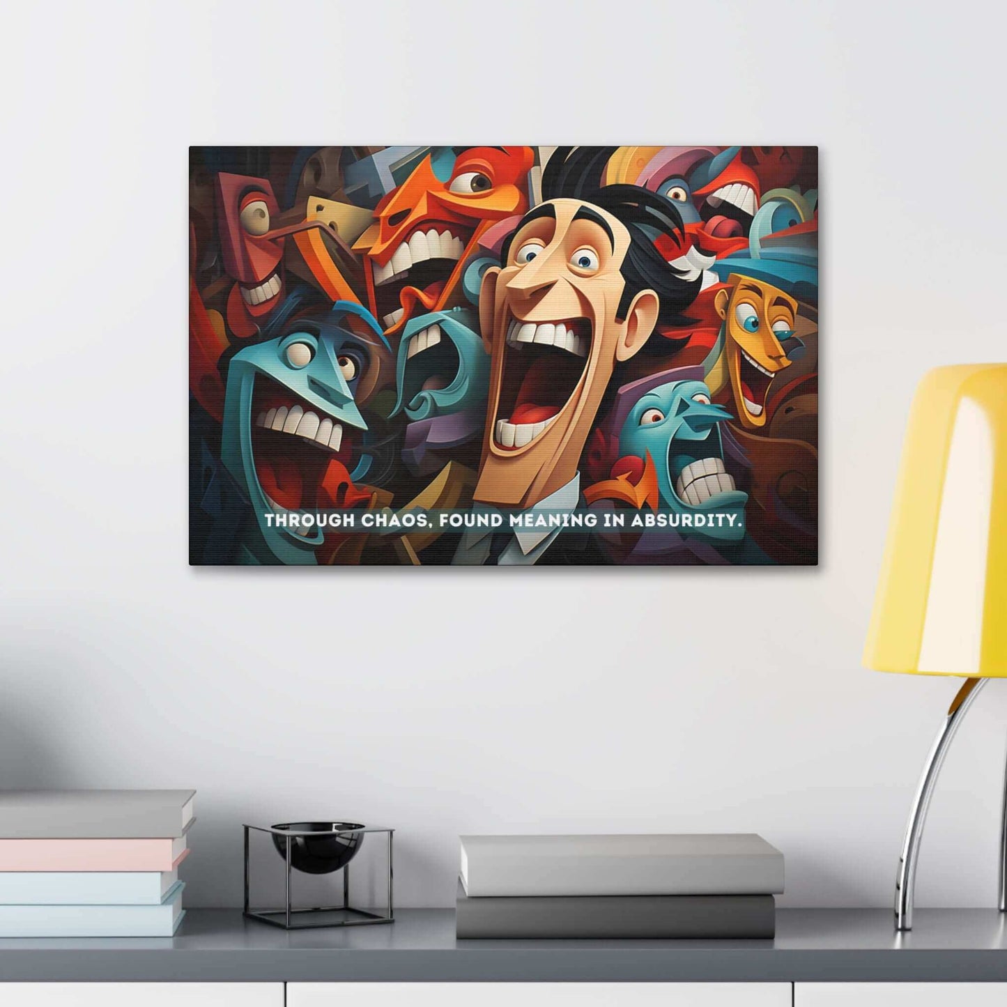 The Printify canvas wall art titled "Joyful Absurdity: Neocubist Emotive Cartoon Portraits" features a colorful, surreal depiction of animated, expressive faces with exaggerated expressions and vibrant hues. Drawing inspiration from neocubism, the piece uses these vivid colors to convey depth. Beneath the faces, text reads, "Through chaos, found meaning in absurdity.