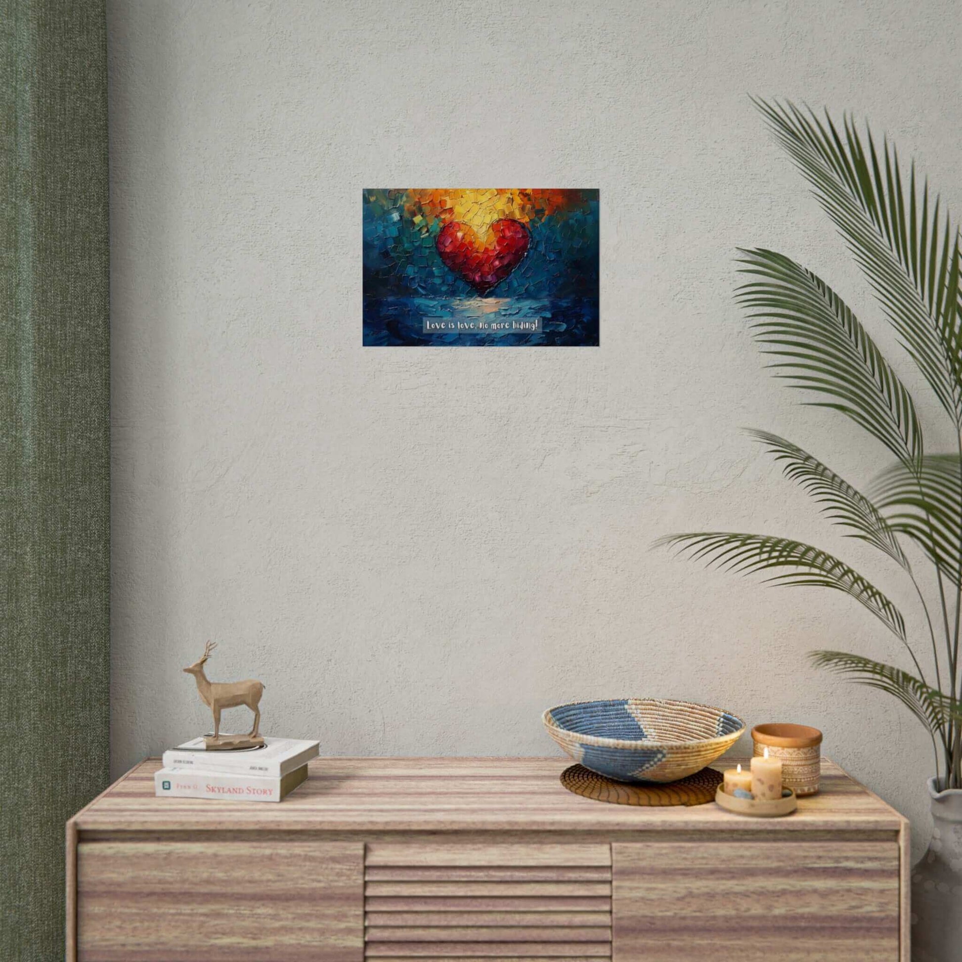 A captivating painting of a heart made from red mosaic tiles with a radiant yellow halo, set against dynamic blue and green brushstrokes. Beneath it, the "Love is Love: Radiant Gay Pride Poster Wall Art" by Printify boldly proclaims in white letters, "Love is love, No more hiding!"—a celebration of the LGBTQ+ community inspired by a heartwarming 6-word story (Product Code: PR-6W-002p).