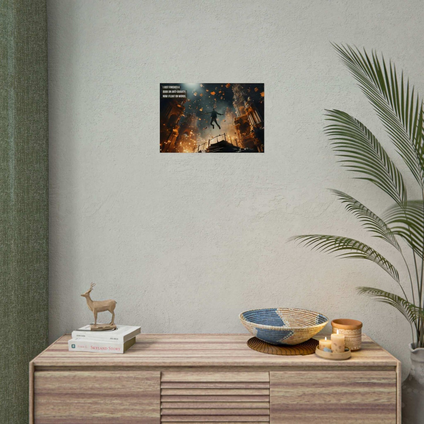 Floating in Knowledge: Whimsical Fantasy Poster Wall Art Library Scene with Clever Haiku