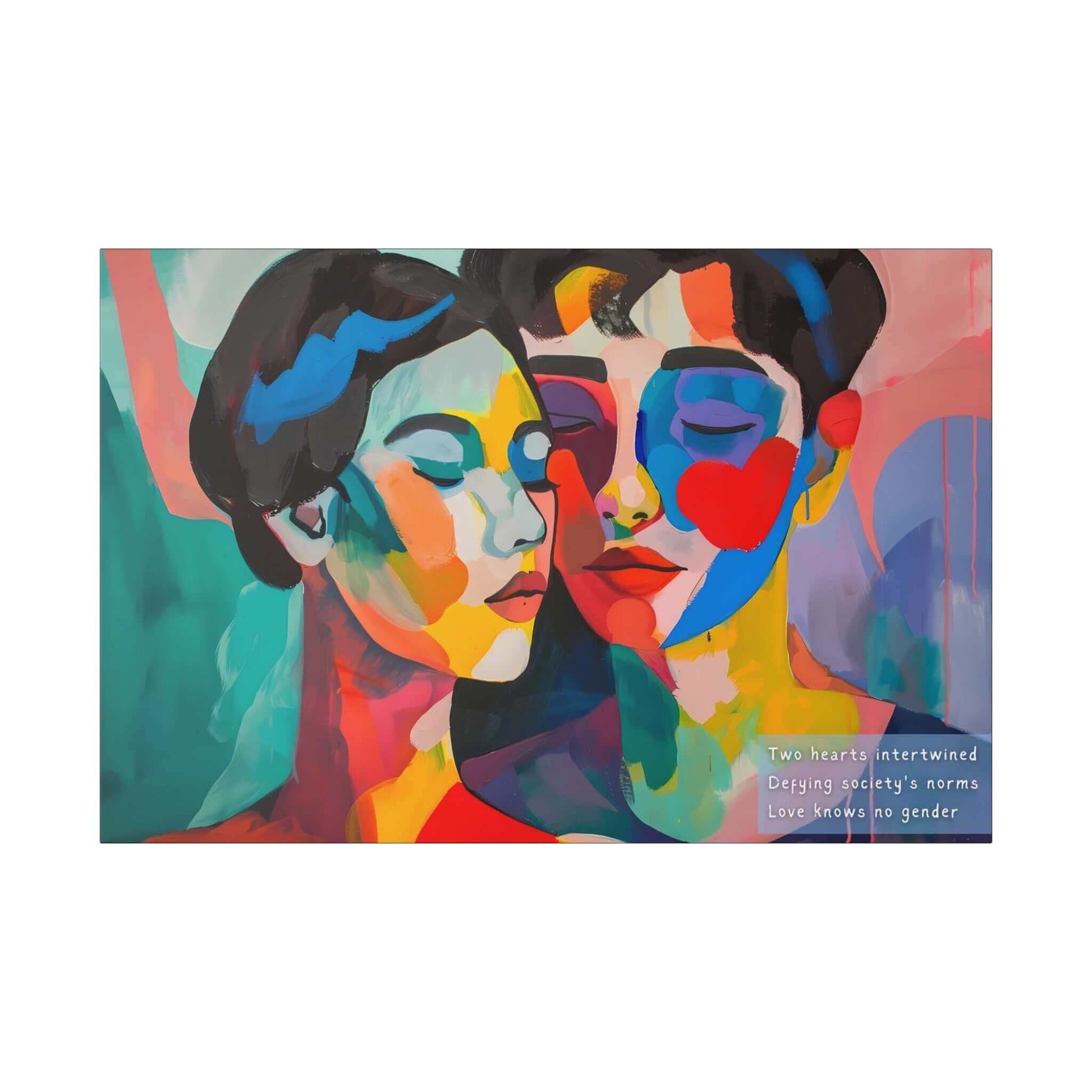 A vibrant and colorful piece titled "Intertwined Love: Vibrant Abstract Couple Canvas Wall Art, Inspired by Empowering Haiku" by Printify showcases two abstract faces with one having closed eyes, leaning towards each other. In the corner, text reads: "Two hearts intertwined defy society’s norms. Love knows no gender." The background features bold, multicolored brushstrokes that highlight inclusivity and abstract representation.