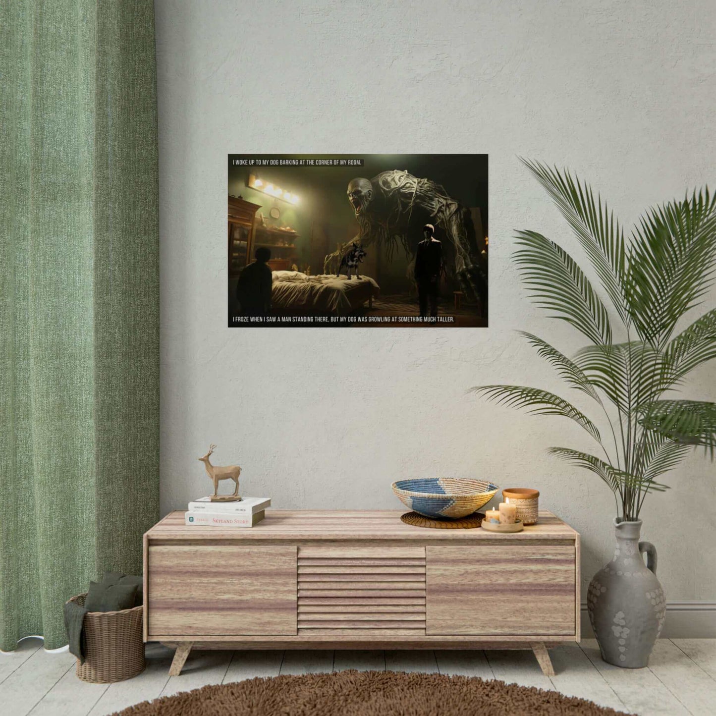 The "Unseen Threats: Supernatural Monsters Eerie Bedroom Scene Poster Wall Art with 2-Sentence Horror Story" by Printify depicts a dimly lit bedroom where a small dog barks on a bed. A person stands in front of the bed, staring at a massive, menacing monster towering over them. The text reads, "I woke up to my dog barking at the corner of my room. I froze when I saw a man standing there, but my dog was growling at something much taller—an unseen threat.