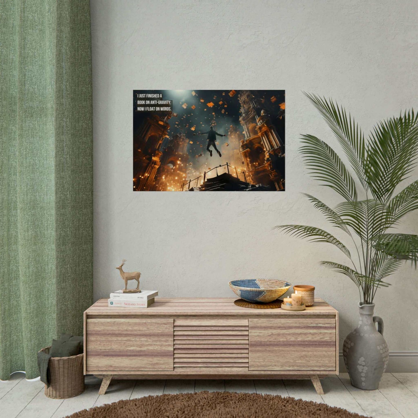 Floating in Knowledge: Whimsical Fantasy Poster Wall Art Library Scene with Clever Haiku