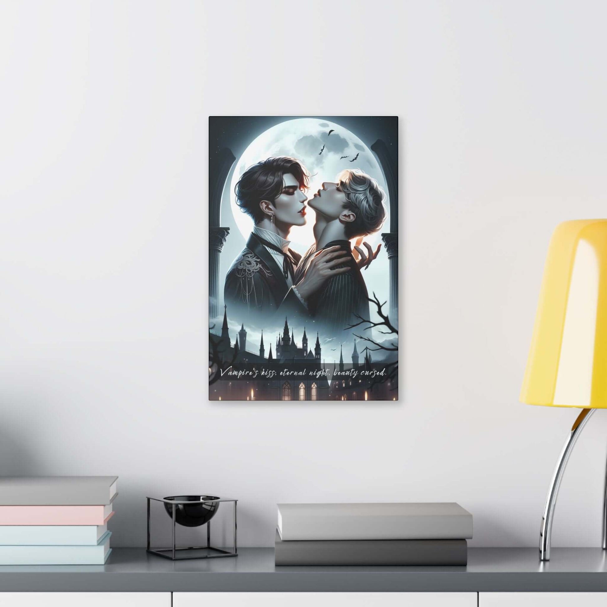 Eternal Lovers: Gay-Pop Vampire Romance Canvas Wall Art featuring a vampire and a human under moonlight, inspired by gothic six-word story