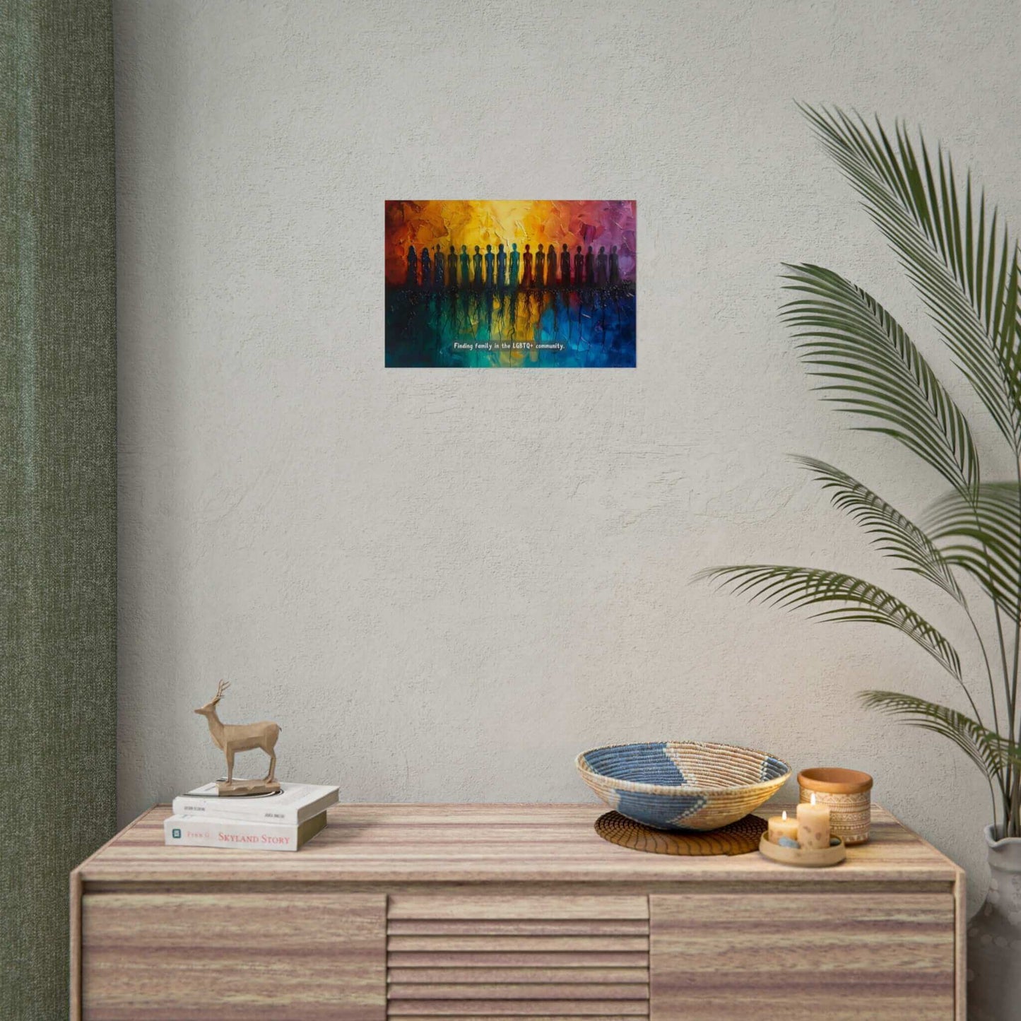 The Roots of Pride: Inspiring Gay Pride Poster Wall Art by Printify features a colorful abstract painting on fine art photo paper, depicting a diverse group of silhouetted figures standing in a line. The background transitions from warm tones of yellow and orange to cool tones of blue and purple. Text at the bottom reads, "Finding unity and pride in the LGBTQ+ community." Product code: PR-6W-005p.