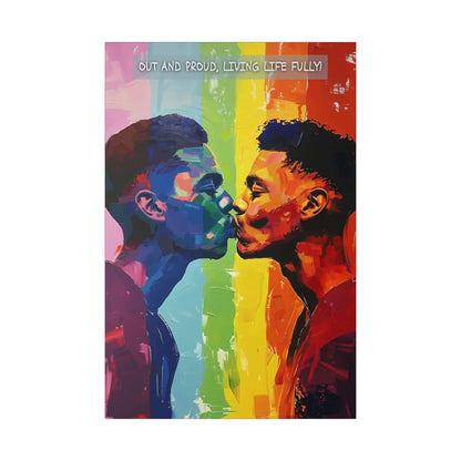 Printify's "Living Fully: Vibrant Gay Pride Canvas Wall Art, Inspired by Joyful 6-Word Story | PR-6W-006c" features an expressive and artistic painting of two men leaning in for a kiss against a rainbow gradient background. The text at the top reads, "Out and proud, living life fully!" rendered with bold and dynamic brushstrokes to celebrate love vibrantly.