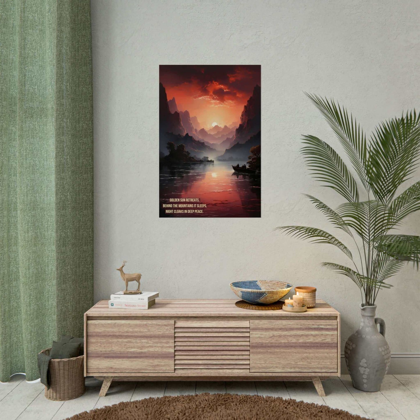 Serenity at Dusk: Exotic Mountain Terrain at Sunset Poster Wall Art with Tranquil Haiku