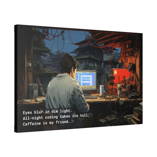 Han Dynasty Hacker: All-Night Coding Manga Canvas Wall Art Fueled by Haiku and Coffee | HAI-009c