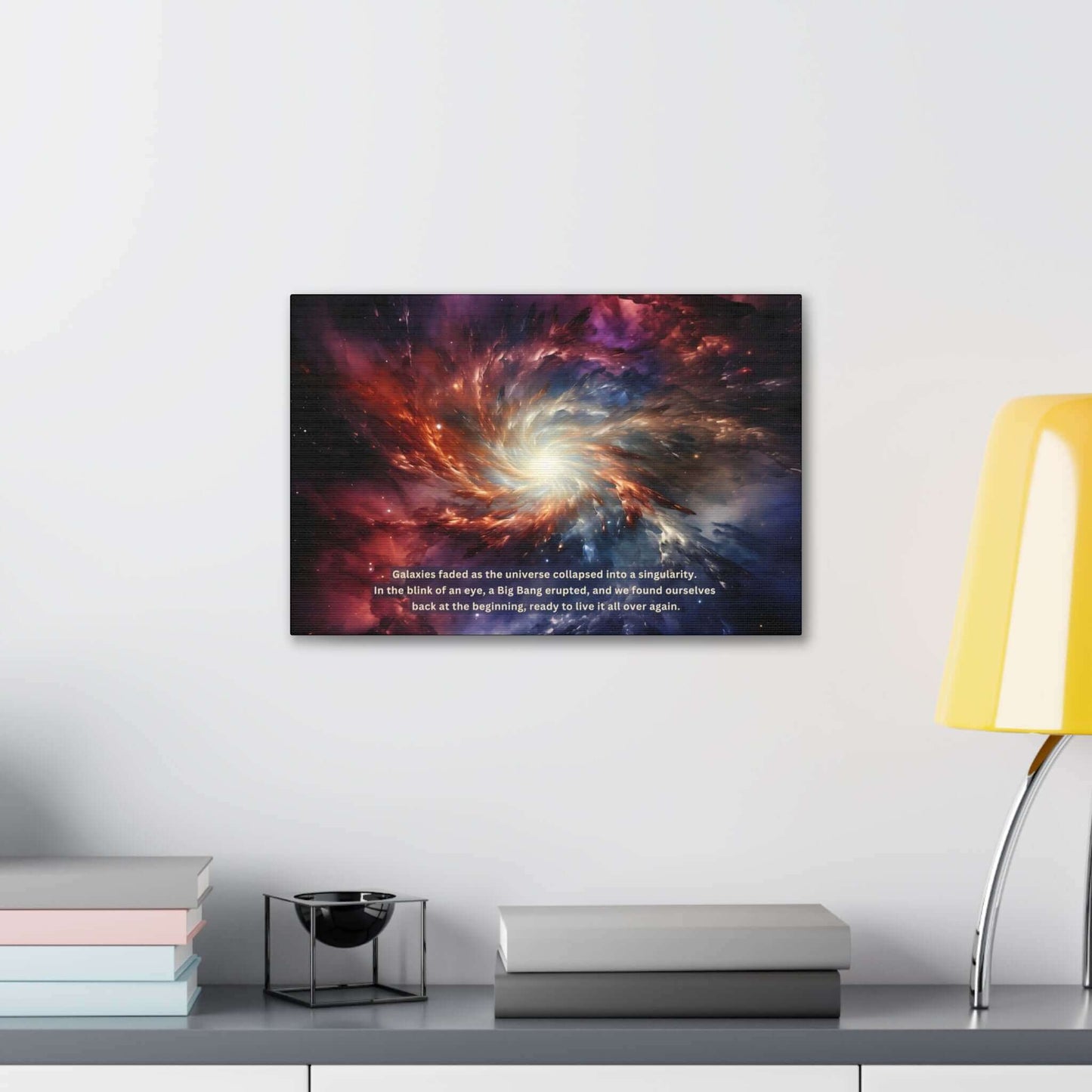 A vibrant portrayal of galaxy formation, featuring swirling bright lights and cosmic dust. The text overlay reads: "Galaxies faded as the universe collapsed into a singularity. In the blink of an eye, a Big Bang erupted in this Printify artwork, Cosmic Renaissance: Space Rebirth Canvas Wall Art with Intriguing 2-Sentence Story, and we found ourselves back at the beginning, ready to live it all over again.