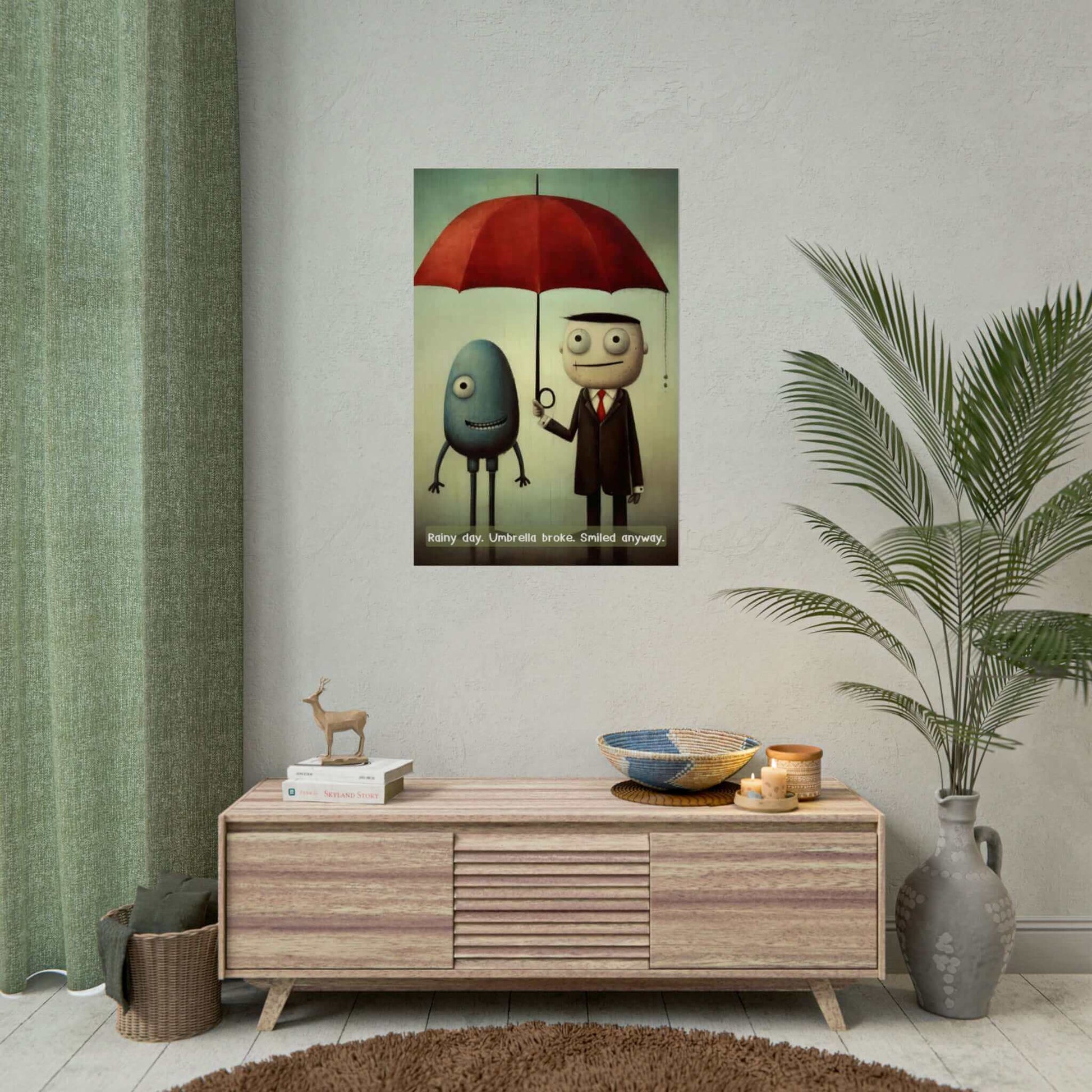 Two cartoon characters stand under a red umbrella in the rain. One, an oval blue creature with thin arms and legs; the other, a human-like figure in a suit and tie holding the broken umbrella. Both are smiling through the downpour. Text below reads: "Rainy day. Umbrella broke. Smiled anyway." This whimsical scene is featured on fine art photo paper for authenticity as part of Printify's "Smiling Through the Rain: Whimsical Poster Wall Art with Positive 6-Word Story" collection.