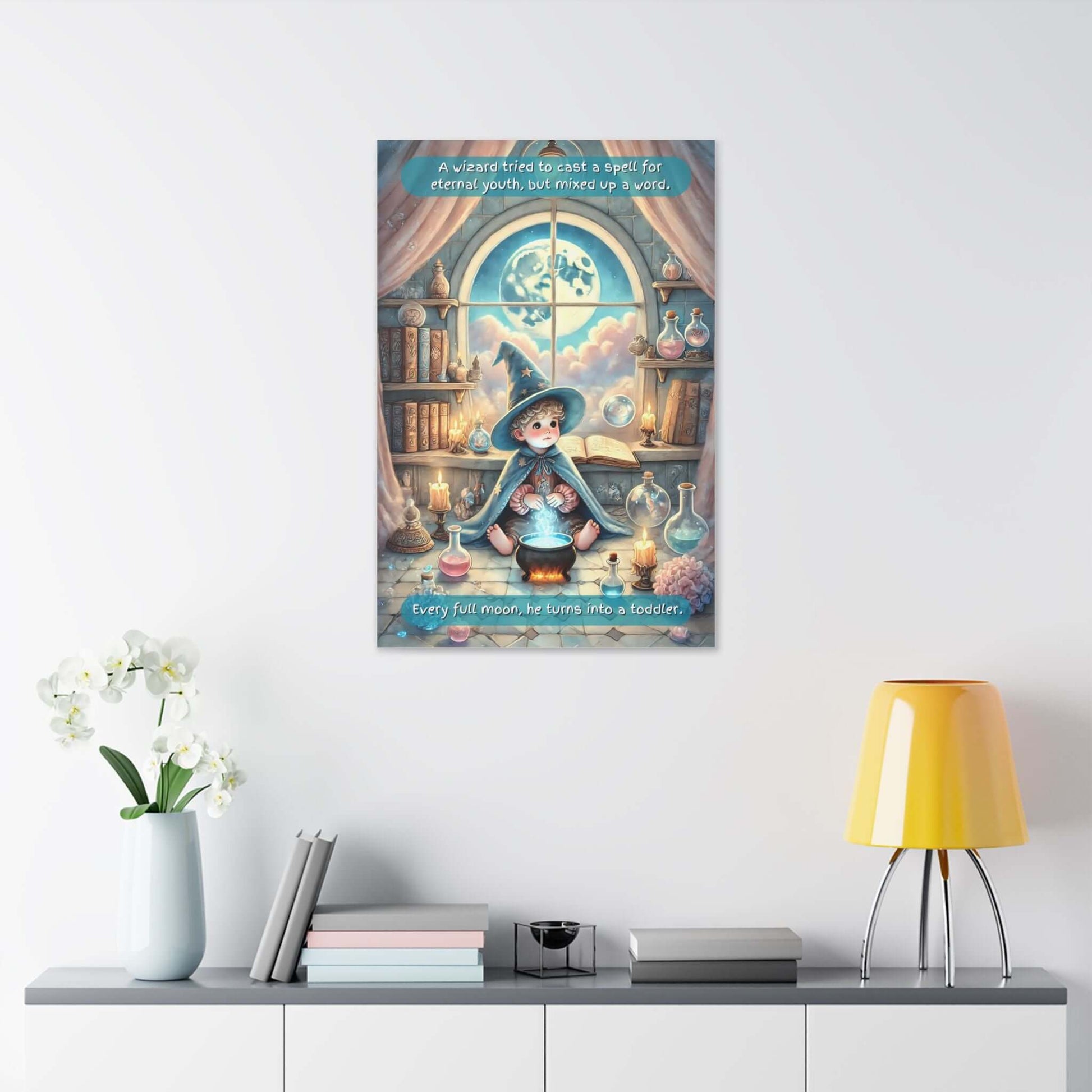 Whimsical & Magical Canvas Wall Art "A Wizard's Mishap" for a Child's Room, featuring a young wizard with glowing candles and bubbling potions