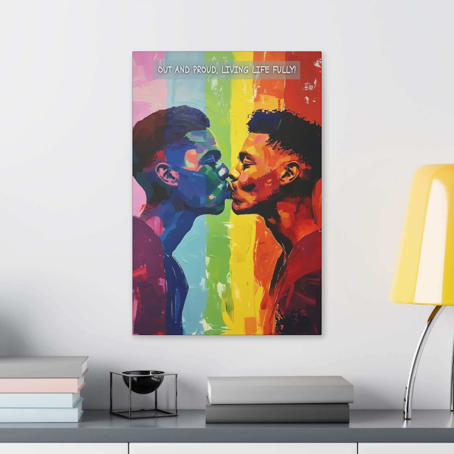 Printify's "Living Fully: Vibrant Gay Pride Canvas Wall Art, Inspired by Joyful 6-Word Story | PR-6W-006c" features an expressive and artistic painting of two men leaning in for a kiss against a rainbow gradient background. The text at the top reads, "Out and proud, living life fully!" rendered with bold and dynamic brushstrokes to celebrate love vibrantly.