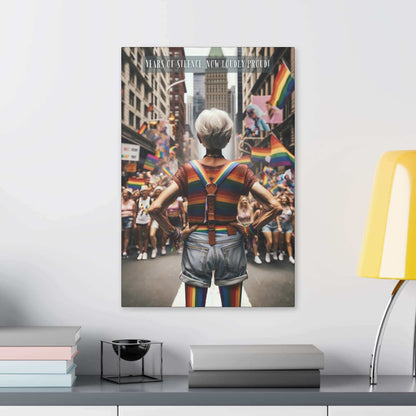 An older person with short white hair stands confidently in a city street, adorned in rainbow-striped clothing and suspenders. Leading a vibrant, colorful crowd waving pride flags, they march at the Pride parade. Text at the top reads "YEARS OF SILENCE NOW LOUDLY PROUD!" celebrating self-acceptance within the LGBTQ+ community. This inspiring moment is captured brilliantly in Printify's "Loud and Proud: Empowering Gay Pride Canvas Wall Art," PR-6W-003c.