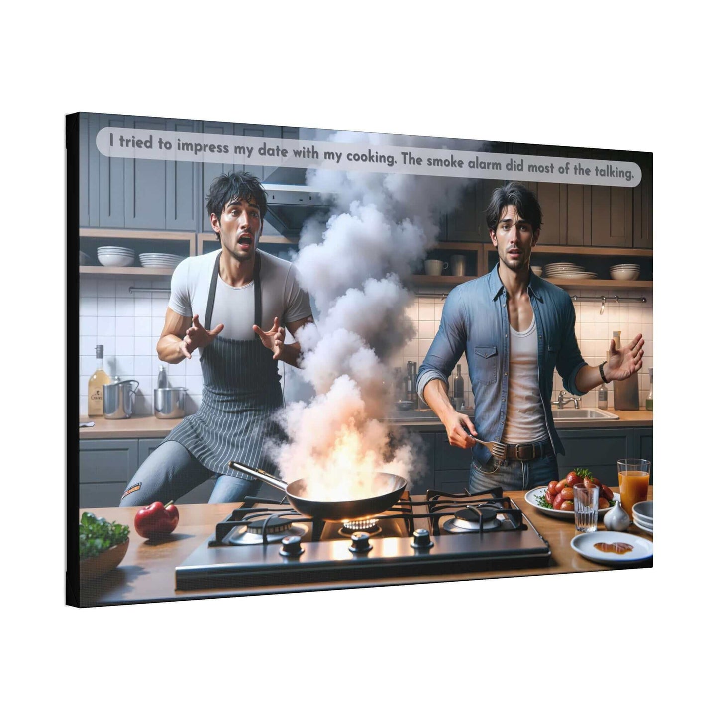 Where There's Smoke: Comedic Cooking Disaster Canvas Wall Art with Funny 2-Sentence Story | 2Sen-012c