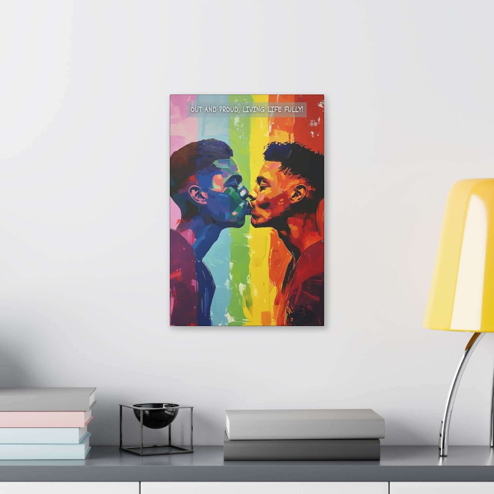 Printify's "Living Fully: Vibrant Gay Pride Canvas Wall Art, Inspired by Joyful 6-Word Story | PR-6W-006c" features an expressive and artistic painting of two men leaning in for a kiss against a rainbow gradient background. The text at the top reads, "Out and proud, living life fully!" rendered with bold and dynamic brushstrokes to celebrate love vibrantly.