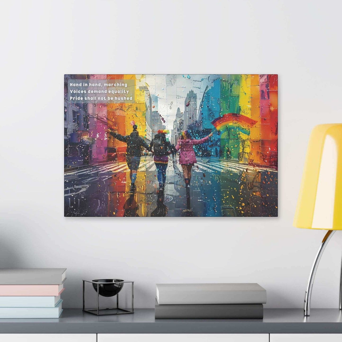 Vibrant City Parade Canvas Wall Art illustrating unity and equality with people marching, inspired by a determined haiku.